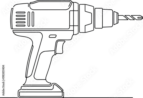 black and white line drawing of cordless drill with drill bit