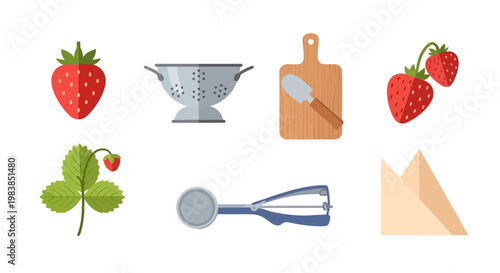 Fresh Strawberry Harvest and Kitchen Utensils for Cooking and Baking
