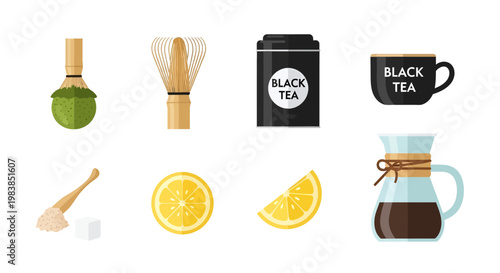 Assortment of Tea Ingredients and Brewing Items for Hot Beverage Preparation