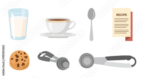 Breakfast Set with Milk, Coffee, Spoon, Cookie, and Torch