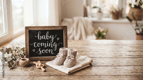 Baby coming soon sign with booties on rustic wooden table indoors