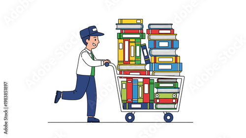 Man pushing a shopping cart overflowing with colorful books. Education, learning, knowledge acquisition, or book delivery concept.