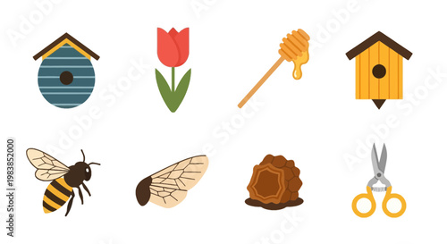 Collection of Nature and Wildlife Icons with Birdhouse, Bee, and Scissors