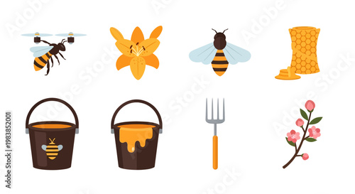 Collection of Beekeeping and Honey Elements with Bee, Flower, and Hive Icons