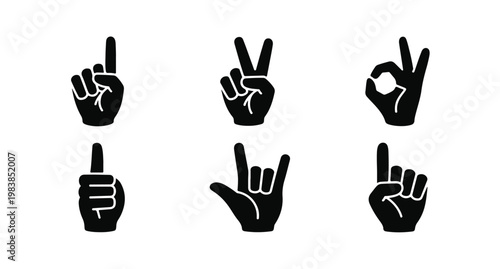 Black silhouette hand sign icons set representing number counting and rock on music signal.