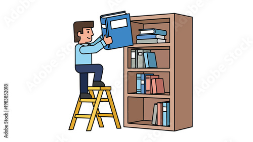 Man standing on a stepladder placing a book on a tall bookshelf in a room.