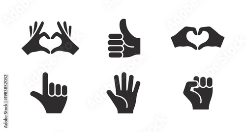 Set of black hand gesture silhouettes including heart shape thumb up palm and fist icons.