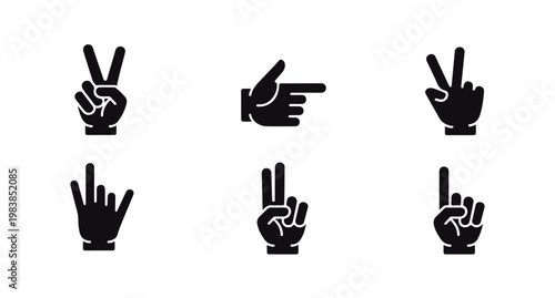 Solid black vector icons for various finger gestures including pointing and victory signs.