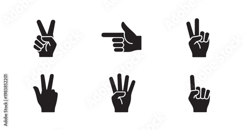 Set of hand gesture icons showing numbers and pointing for counting or communication.