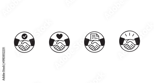 Business handshake icons set featuring check mark heart and document symbols in circles.