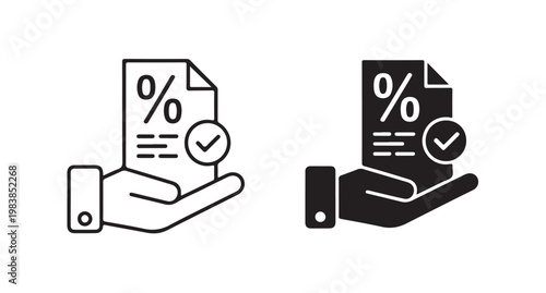 Percentage discount document on hand icon set in thin line and solid black glyph styles.