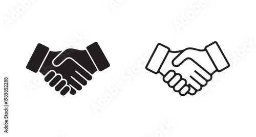Professional handshake icons in solid black and bold outline styles for business deals.