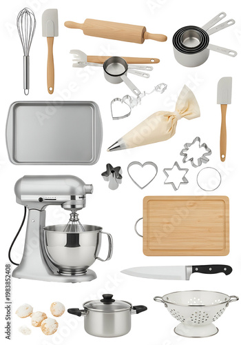 Baking Tools and Ingredients Isolated on White Background
