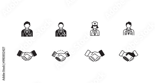 Medical professional avatars and handshake symbols representing healthcare team cooperation.
