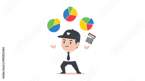 Business Data Analysis and Multitasking Concept with Cartoon Character Juggling Pie Charts and Calculator Illustration