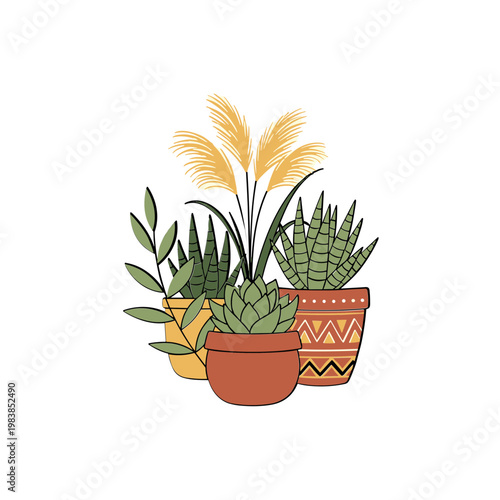 Bohemian Potted Plants Illustration: Succulents, Grass, and Decorative Pots