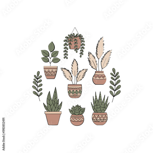 Bohemian Potted Plants Collection: Boho Style Home Decor, Tropical Leaves & Succulents