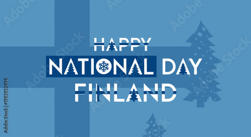 Happy National Day Finland with flag and winter trees