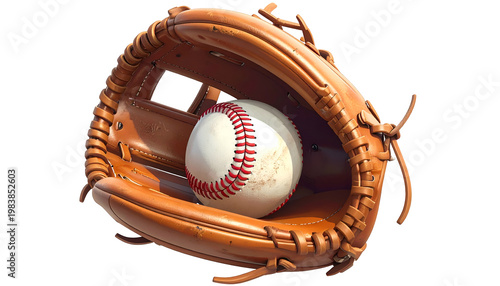 Baseball Glove Holding Ball Isolated Realistic Photo Brown Leather
