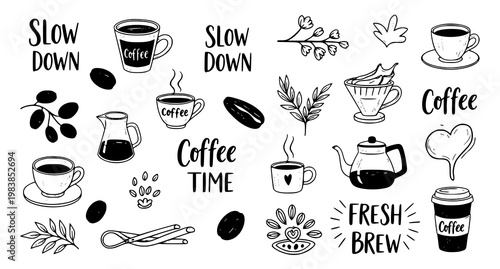 Hand drawn slow coffee doodle collection with brewing elements and lettering quotes in sketch vector design