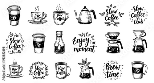 Slow coffee doodle set with hand drawn coffee elements and lettering quotes in cozy vector illustration style