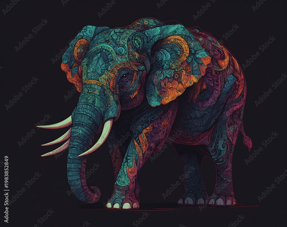 Obraz premium illustration of stylized simple cozy doodle Fantasy neon Abstract drawing of elephant Colorful illustration
