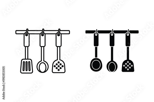 Set of kitchen utensil icons: spatula, spoon, skimmer, flat design vector illustration