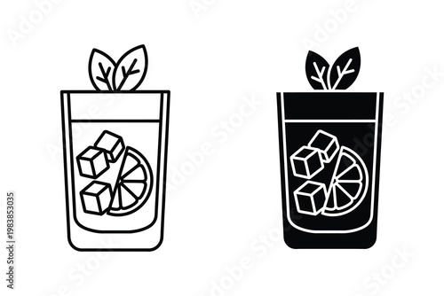Refreshing Mojito Cocktail Glass with Mint, Lime, and Ice Cubes, Line Art and Solid Silhouette Vector Illustration