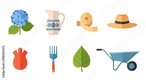 Collection of Gardening and Outdoor Tools with Blue Hydrangea Flower