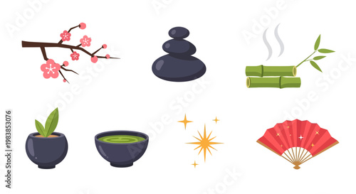 Serene Zen Spa Elements with Cherry Blossom, Stones, and Bamboo