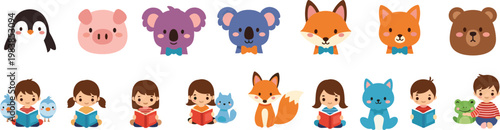 Cute Animal and Kids Reading Characters Set with Penguin, Pig, Koala, Fox and Children Cartoon Illustration Collection