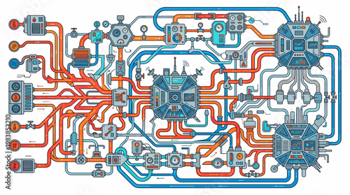 A complex circuit board with colorful wires.