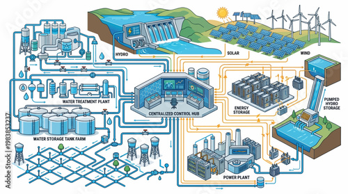 A detailed infographic of industrial processes and renewable energy systems.