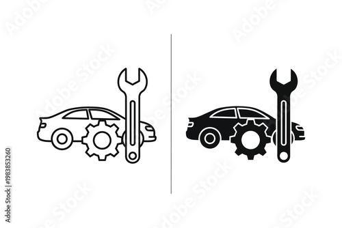 Car service and repair icons, outline and solid fill, showing car silhouette, wrench, and gear, flat design vector illustration