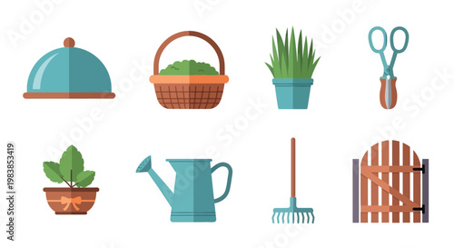 Gardening Tools and Supplies Set with Green Plants and Wooden Fence