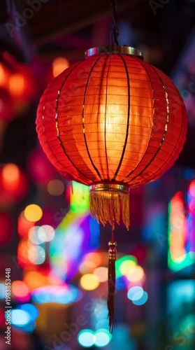 Red Chinese lantern glowing in narrow street, festive decoration symbolizing tradition, warm light and authentic Asian cultural urban atmosphere.