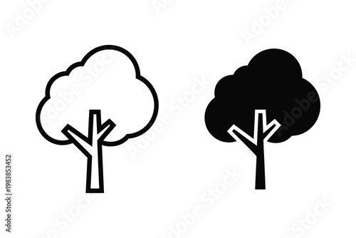 Two stylized tree icons, one outline and one solid black, on a white background, flat design vector illustration
