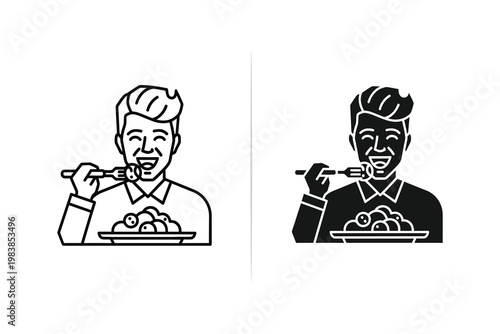 Happy Man Eating Pasta with Fork and Plate, Line Art and Silhouette Vector Illustration