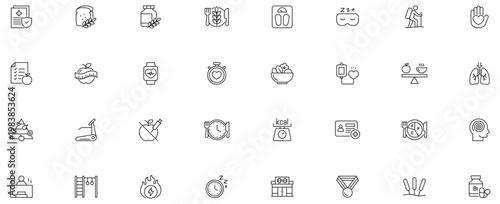 Healthy & Fitness line editable icon set. Contain icons related to Healty lifestyle, fitness, sport, nourishment, and more. Editable stroke.
