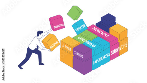 Isometric illustration of a person organizing labeled blocks, symbolizing demographic segmentation and psychographic profiling.