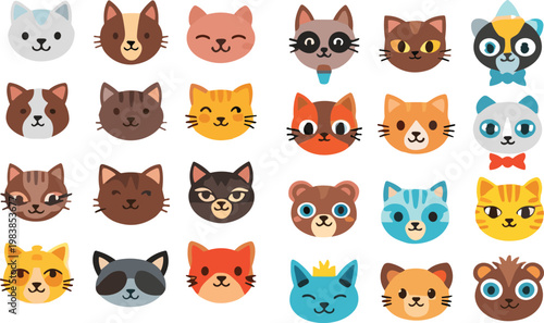 Cute Cat Face Characters Set with Different Breeds, Expressions and Colorful Cartoon Pet Illustration Collection