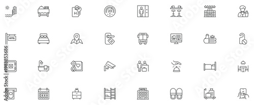 Hotel icon set. Contain icons related to Hotel services, Hospitality, room features, amenities, booking, facilities and more. Editable stroke.