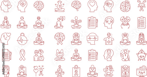 Mental health and wellness icon collection set with meditation brain therapy support and mindfulness symbols isolated on white background
