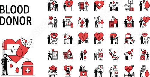 Blood donation awareness collection set with donor medical icons heart healthcare and transfusion elements isolated on white background for charity campaign design