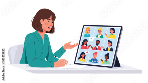 Woman on video conference with diverse team via tablet. Online meeting, remote work, virtual communication, digital collaboration.