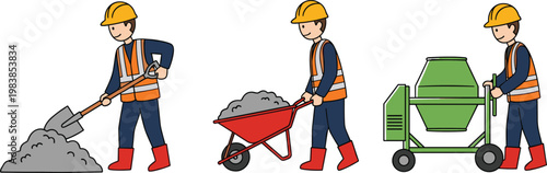 Construction worker activity set with digging shoveling wheelbarrow and cement mixer operations isolated on white background for building industry design