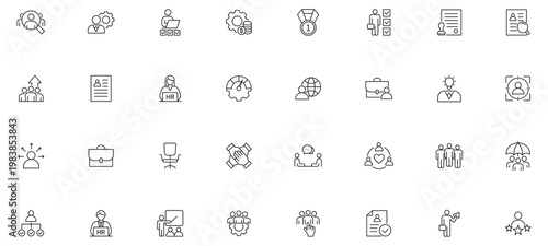 Human Resources icon set. Business related line icons: HR, recruitment, employment, office, management, business people, teamwork, resume, career and more. Editable stroke.
