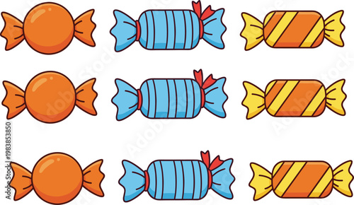 Candy collection vector set with colorful wrapped sweets and round candies isolated on white background for dessert and confectionery design