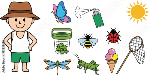 Summer outdoor activity collection with kid explorer insects net spray sun and nature elements isolated on white background
