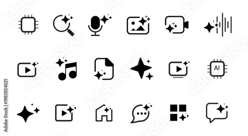 Collection of minimalist black vector icons representing ai powered technology for audio video image editing and smart processing applications on white.